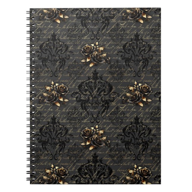 Cuaderno Elegantes rosas de oro negro damasco gótico (Frente)
