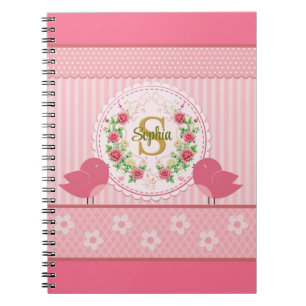 Cuaderno Elegantes y encantadoras aves rosadas y monograma