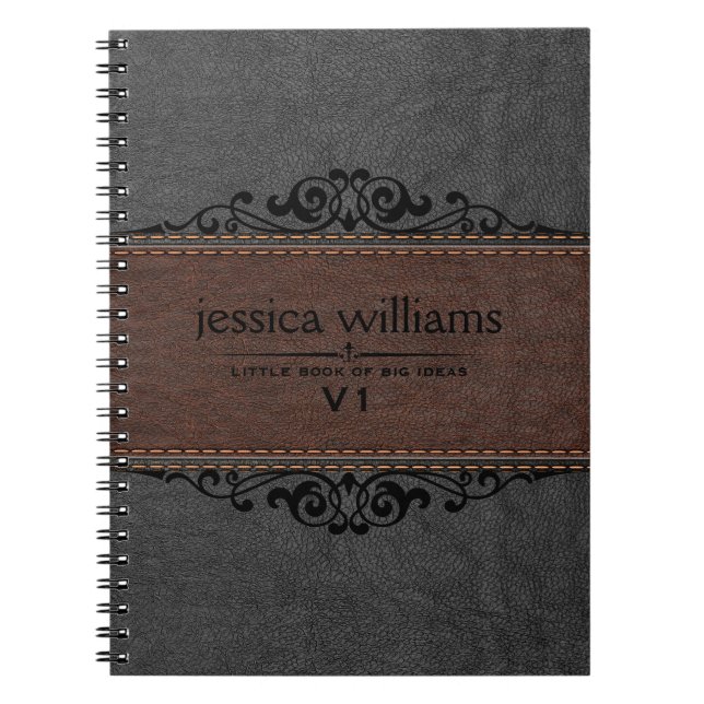 Cuaderno Elemento floral negro de cuero marrón y negro (Frente)