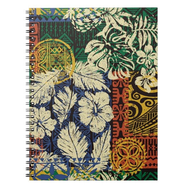 Cuaderno Elementos tribales hawaianos y parche de tela hibi (Frente)