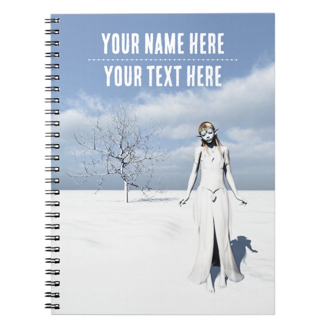 Cuaderno Elfa caminando en la nieve. Texto personalizable (Frente)