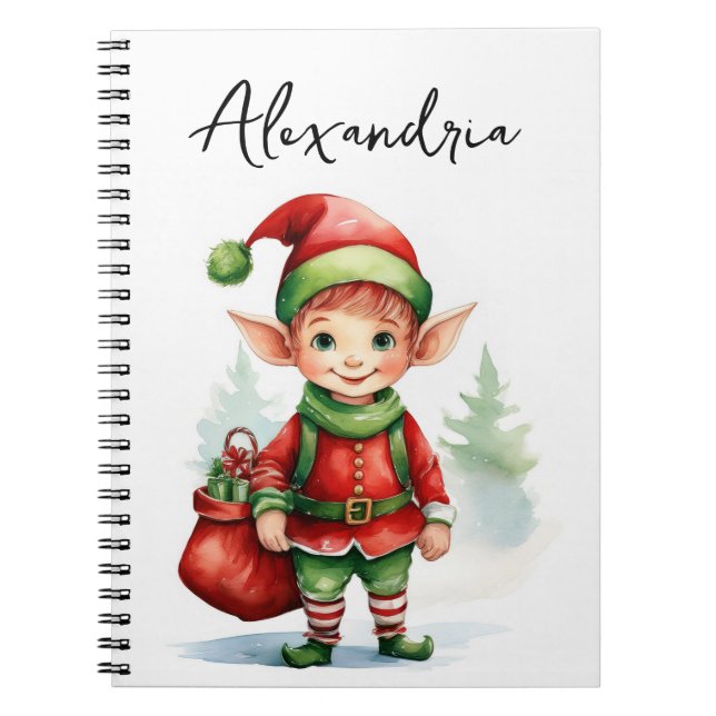 Cuaderno Elfo de Navidad personaliza nombre con saco de reg (Frente)