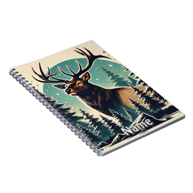 Cuaderno Elk personalizado en bosque con cielo estrellado n (Lado Derecho)