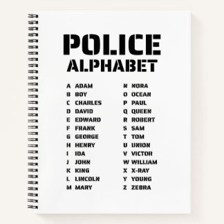 Cuaderno en espiral alfabeto fonético de la policí