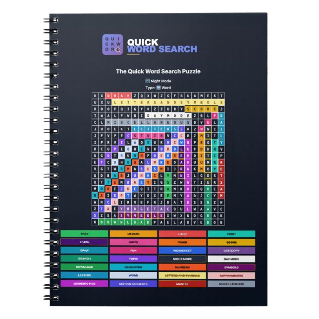 Cuaderno en espiral de búsqueda rápida de palabras (Frente)
