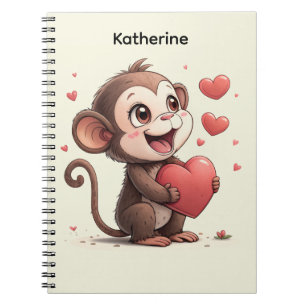 Cuaderno en espiral de corazones rojos de mono lin