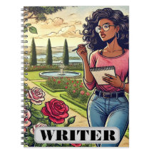 Cuaderno en espiral de escritores en jardín de ros