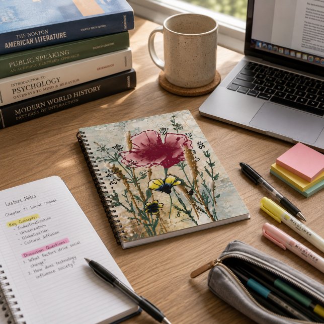 Cuaderno en espiral de flores silvestres (Wildflower spiral notebook on a college study desk with books, laptop, and school supplies.)