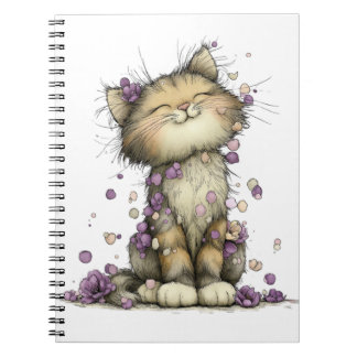 Cuaderno en espiral de gato floral morado lindo, c