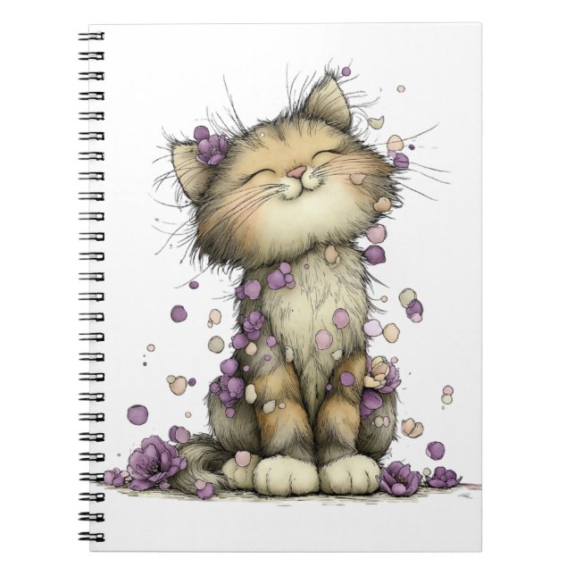 Cuaderno en espiral de gato floral morado lindo, c (Frente)