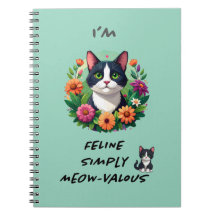 Cuaderno en espiral de gato Tuxedo floral para ama