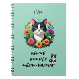Cuaderno en espiral de gato Tuxedo floral para ama