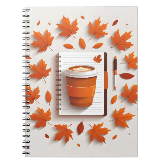 Cuaderno en espiral de hojas de otoño y café