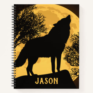Cuaderno en espiral de luna llena con lobo negro y