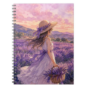 Cuaderno en espiral de niña en campo de lavanda