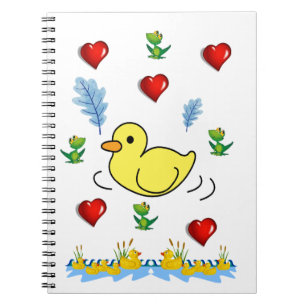 Cuaderno en espiral de patos corazones rana amaril
