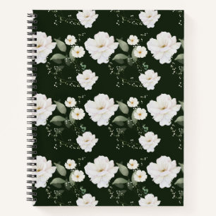 Cuaderno en espiral floral negro con rosa blanca