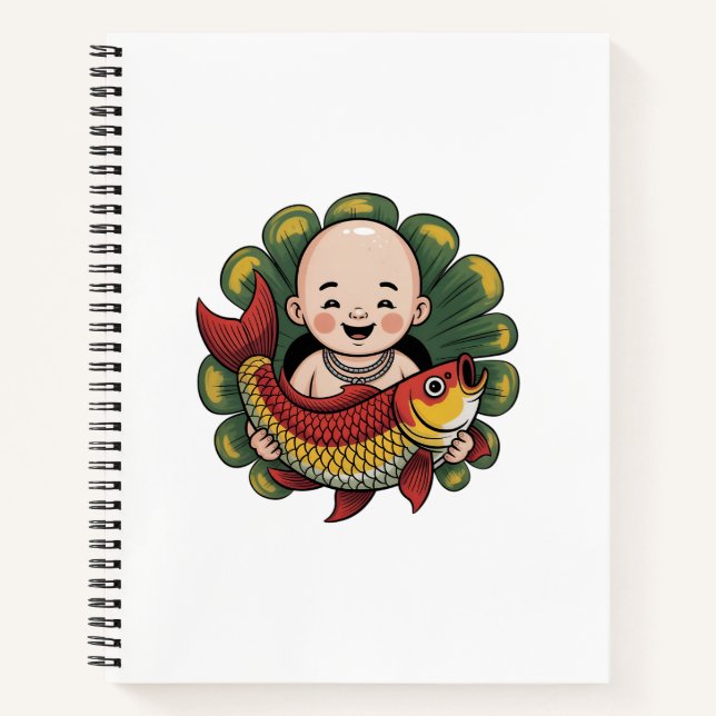 Cuaderno en espiral | Niño lindo con koi afortunad (Anverso)