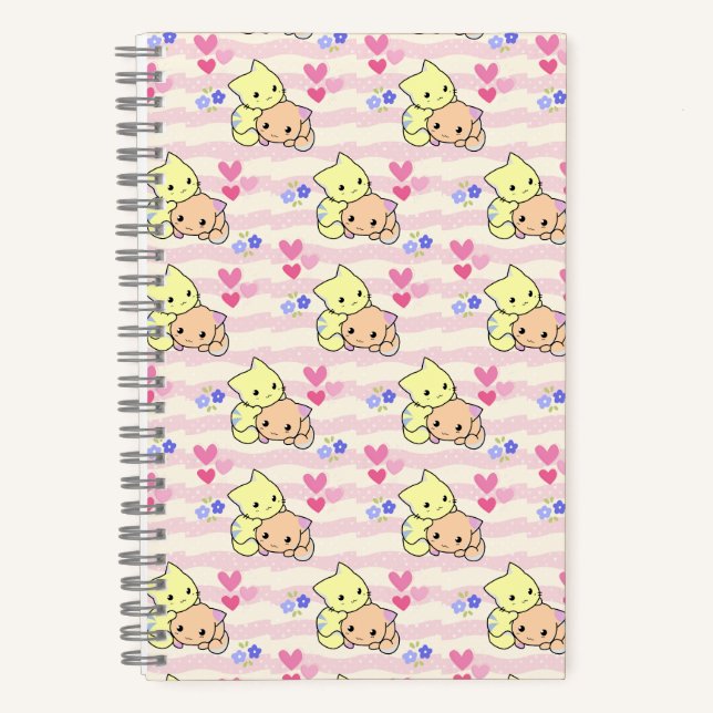 Cuaderno en espiral rosa con patrones de adorables (Anverso)