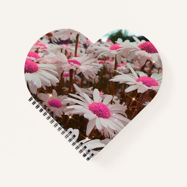 Cuaderno en forma de corazón de margaritas rosas (Anverso)