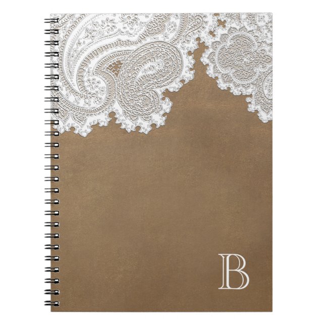Cuaderno Encaje Blanco & Marrón Chic Rústico Elegante (Frente)