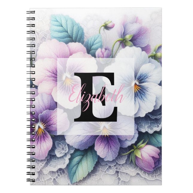 Cuaderno Encaje de monograma floral rosado flores de pensam (Frente)