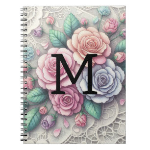 Cuaderno Encaje de monograma floral rosas azules púrpura ro