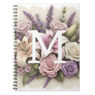 Cuaderno Encaje de monograma floral rosas púrpura lirios la
