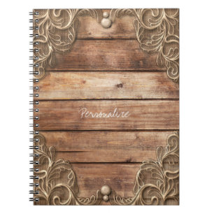 Cuaderno Encaje Madera Rústico Vintage Occidental Elegante
