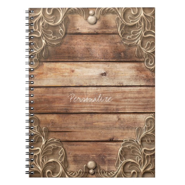 Cuaderno Encaje Madera Rústico Vintage Occidental Elegante  (Frente)