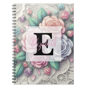 Cuaderno Encaje monograma floral rosas azules púrpura rosa