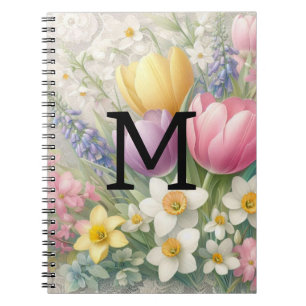 Cuaderno Encaje monograma floral tulipanes pastel rosa narc