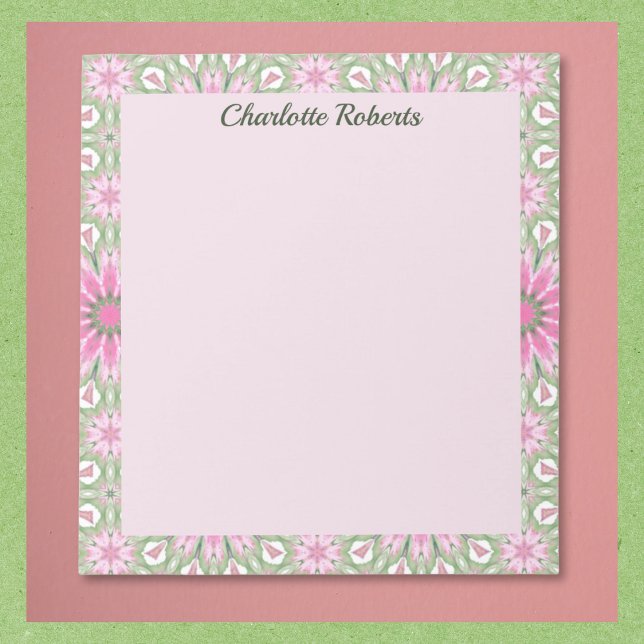Cuaderno encantador con patrón rosa y salvia (Notepads available in multiple sizes. Name text is optional, easy to edit/remove.)