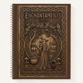 Cuaderno Encantos: Bruja y Caldero Talla en Madera