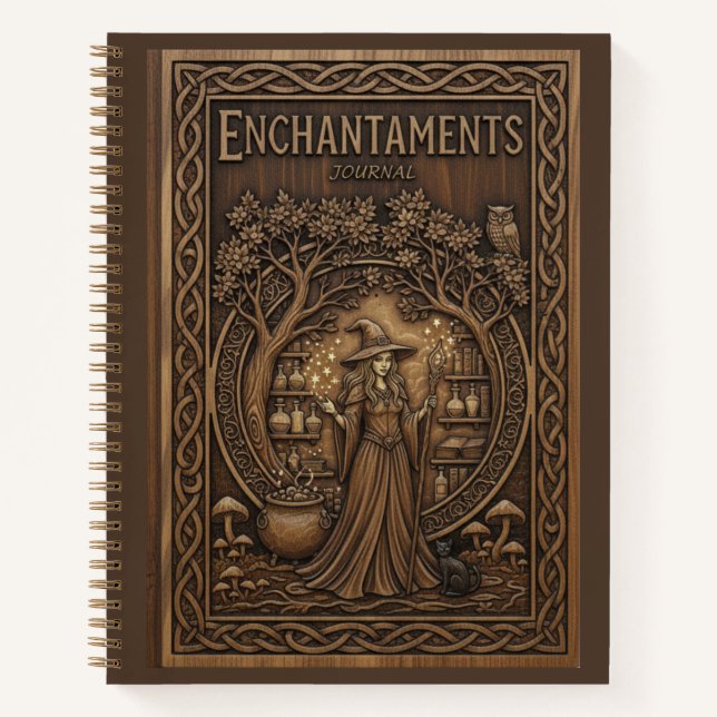 Cuaderno Encantos: Bruja y Caldero Talla en Madera (Anverso)