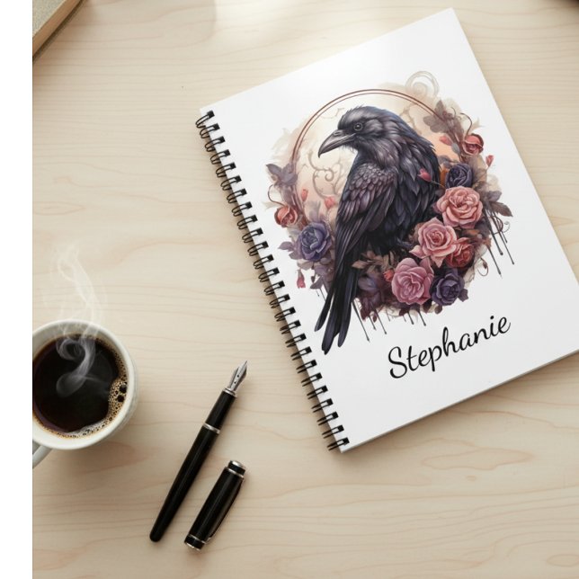 Cuaderno Enchanting Raven & Roses (Black raven with roses personalized notebook)