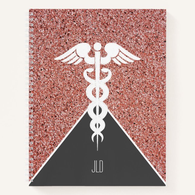 Cuaderno Enfermera Caduceus Rosa Purpurina de oro Monograma (Anverso)