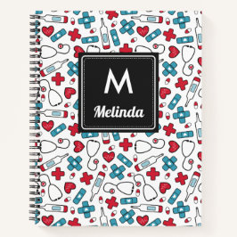 Cuaderno Enfermera del patrón médico azul rojo curado Monog