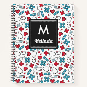 Cuaderno Enfermera del patrón médico azul rojo curado Monog