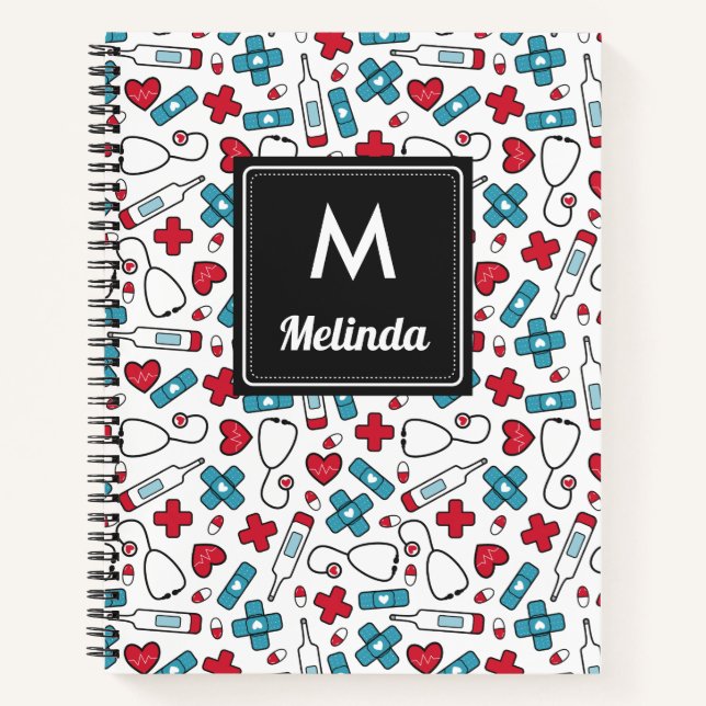 Cuaderno Enfermera del patrón médico azul rojo curado Monog (Anverso)