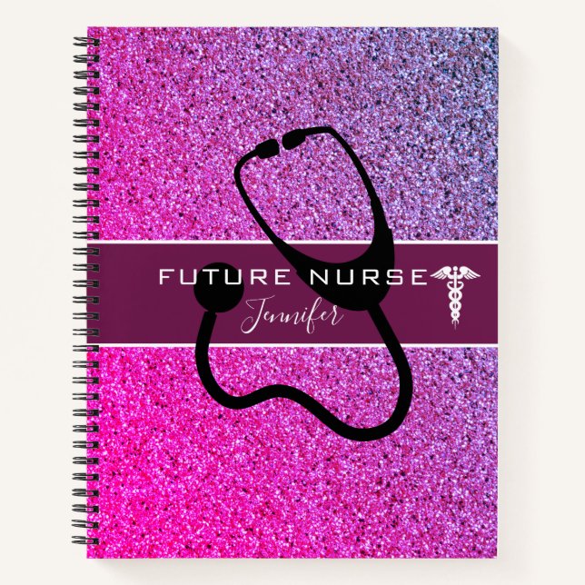Cuaderno Enfermero futuro Stethoscope Nombre Purpurina púrp (Anverso)