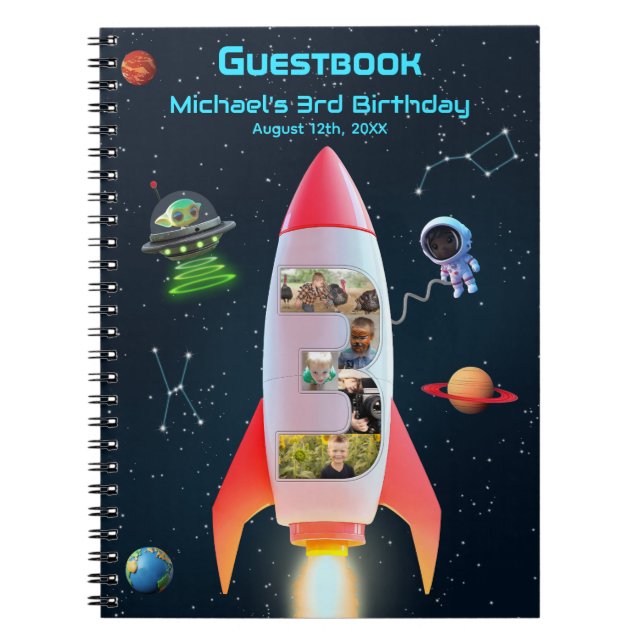 Cuaderno Enorme Tres | Rocket Space 3er Birthday Guest Book (Frente)