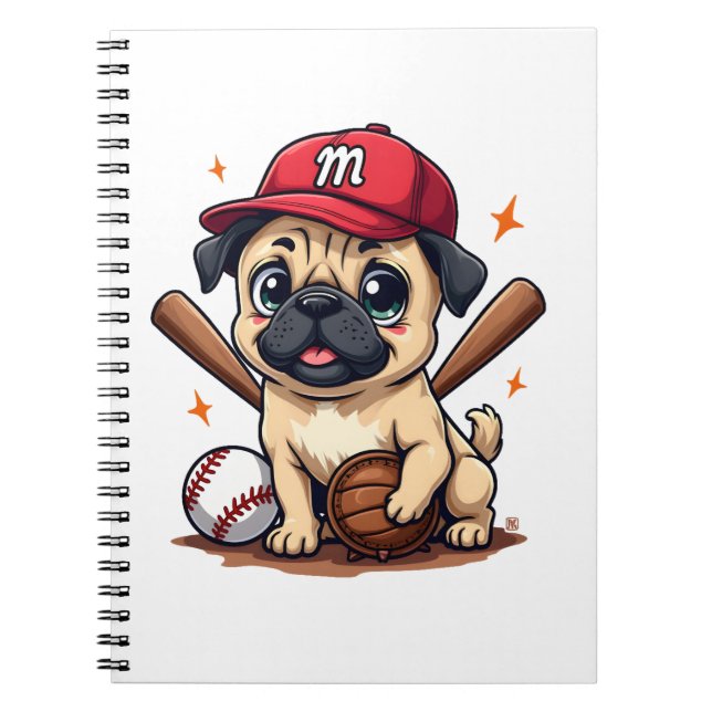 Cuaderno Entrenador del equipo de béisbol Pug Dog Lover Pug (Frente)