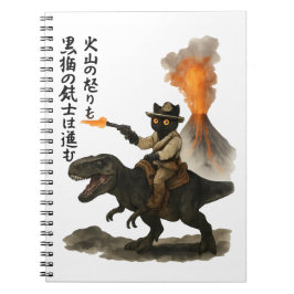 Cuaderno Epic Black Cat Cowboy Riding Dinosaur with Volcano