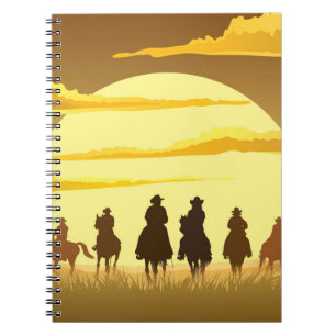 Cuaderno Equipo de silueta de vaqueros galopando contra un