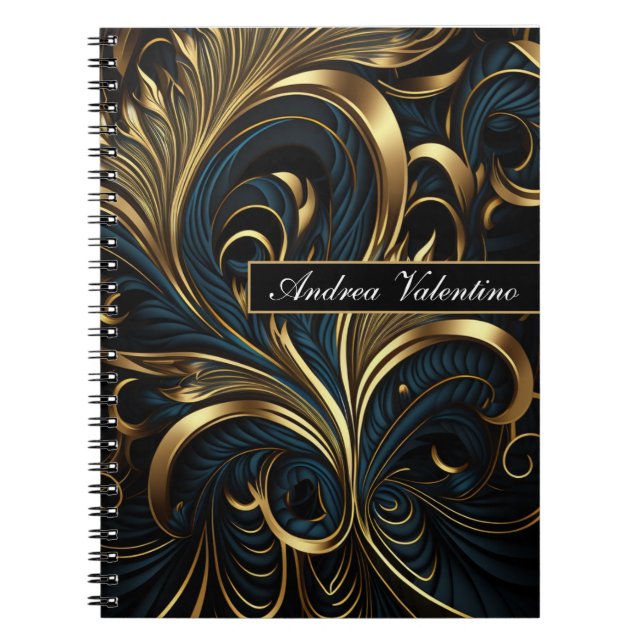 Cuaderno Equipo portátil elegante de patrón negro y oro (Frente)