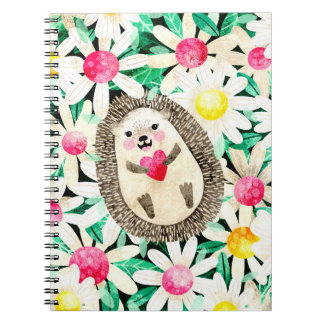 Cuaderno Erizo Adorable entre Flores Rosadas Amarillas Feme