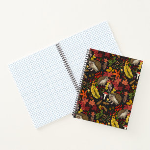 Cuaderno Erizo y flora del bosque otoñal sobre negro