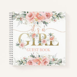 Cuaderno es un chica de baño de bebé con flores rosadas