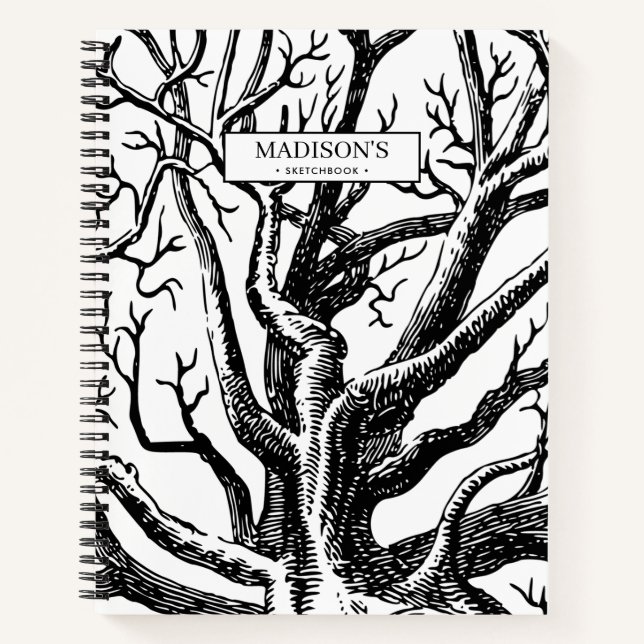Cuaderno Esbozo de árbol abstracto ruso negro y blanco (Anverso)
